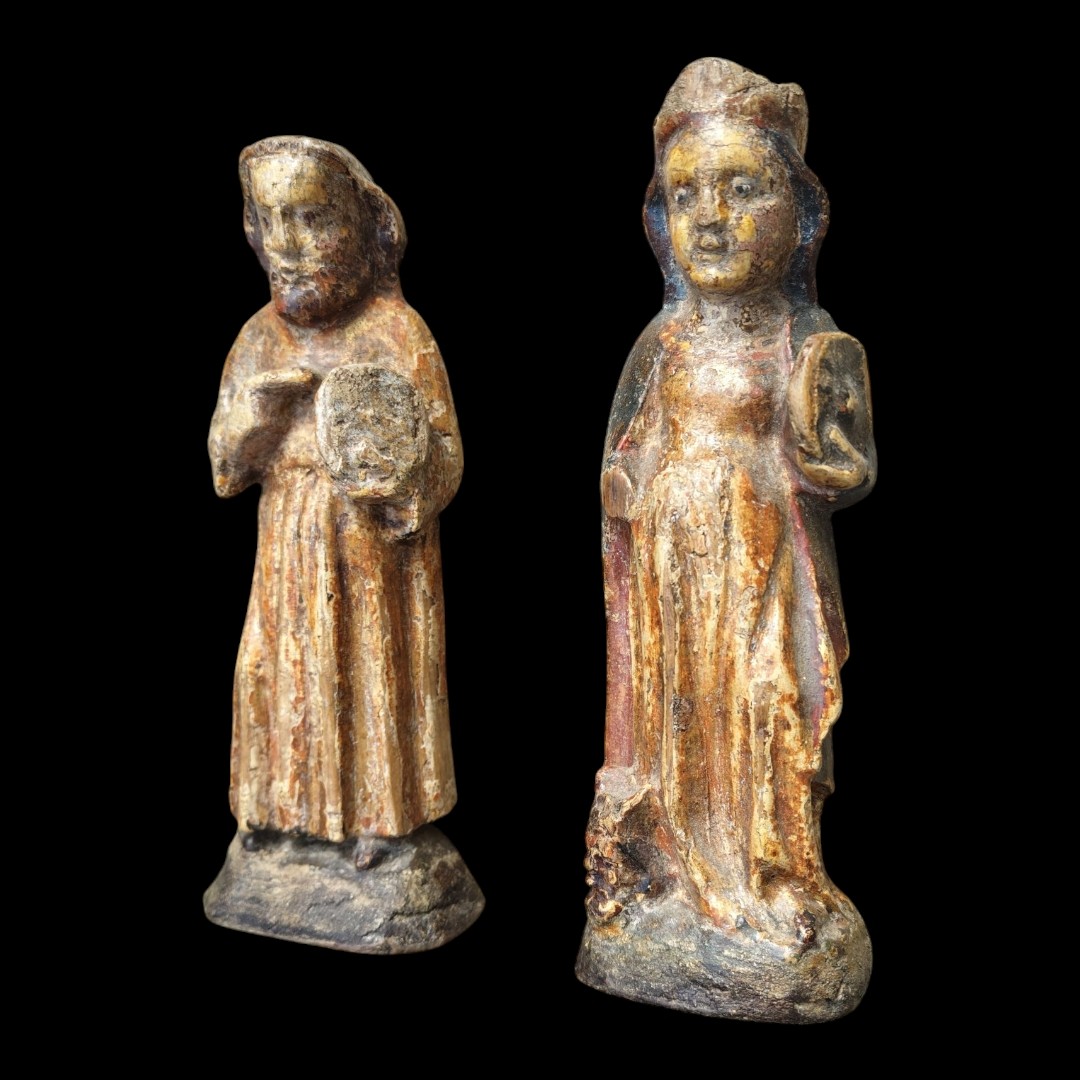 Rara coppia di piccole statue di santi in legno policromo Piemonte XV secolo-photo-4