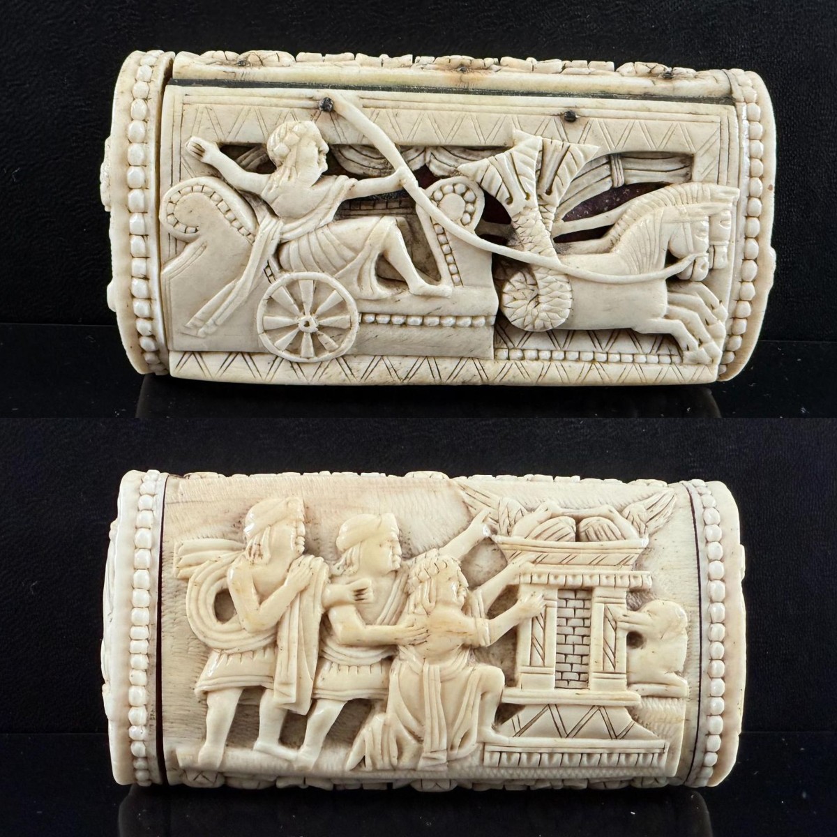 Bella tabacchiera in osso riccamente scolpita XVIII secolo