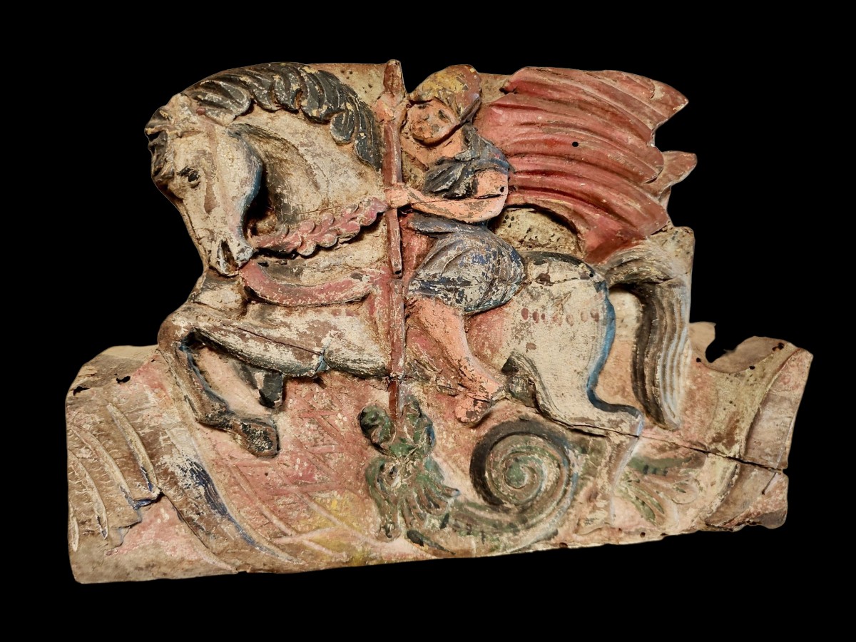 Elemento di carretto siciliano legno scolpito e dipinto fine XIX secolo