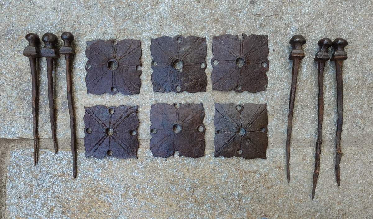 6 Grandi chiodi in ferro forgiato a 2 elementi XVII-XVIII secolo-photo-2