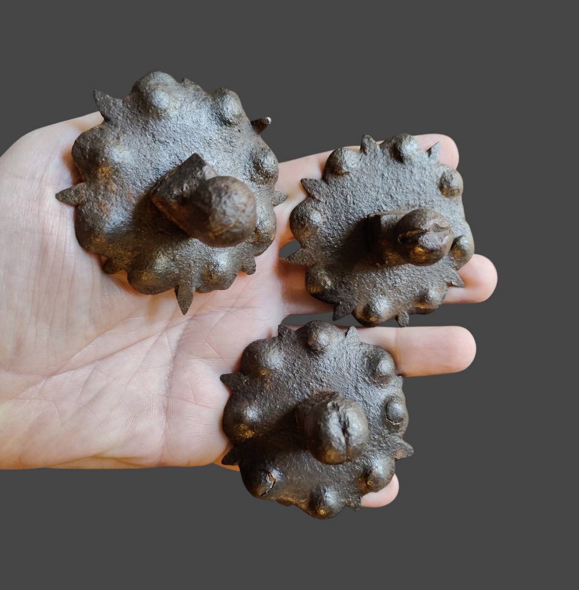 4 Chiodi in ferro forgiato con piastre sbalzate XVI-XVII secolo