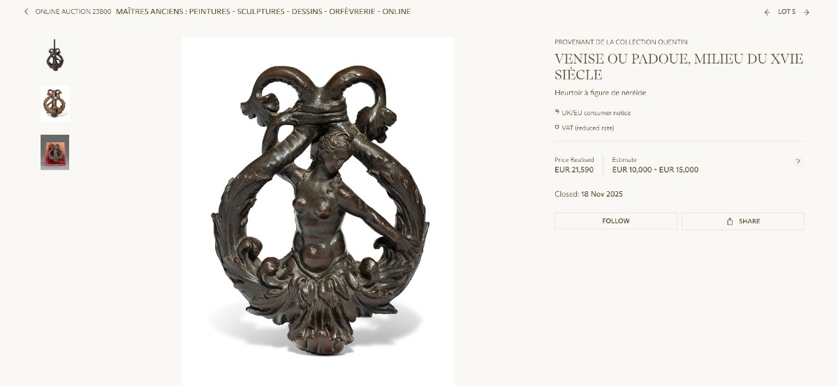 Battente veneziano in bronzo a forma di nereide-photo-7