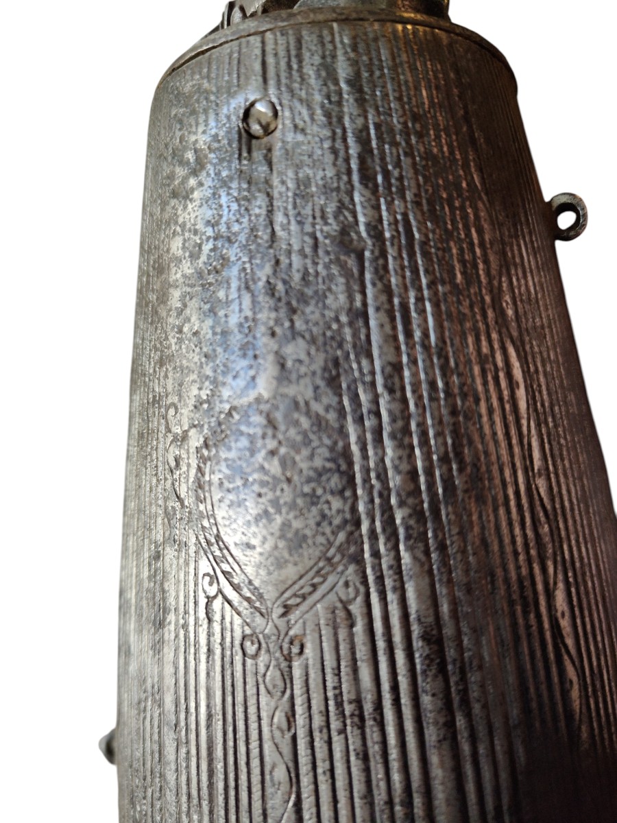 Fiasca porta polvere bresciana ferro forgiato ed inciso circa 1600-photo-5