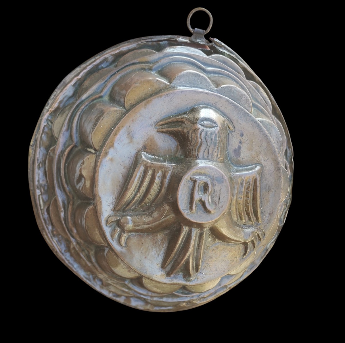 Antico stampo da budino in rame sbalzato con aquila araldica XIX secolo-photo-4