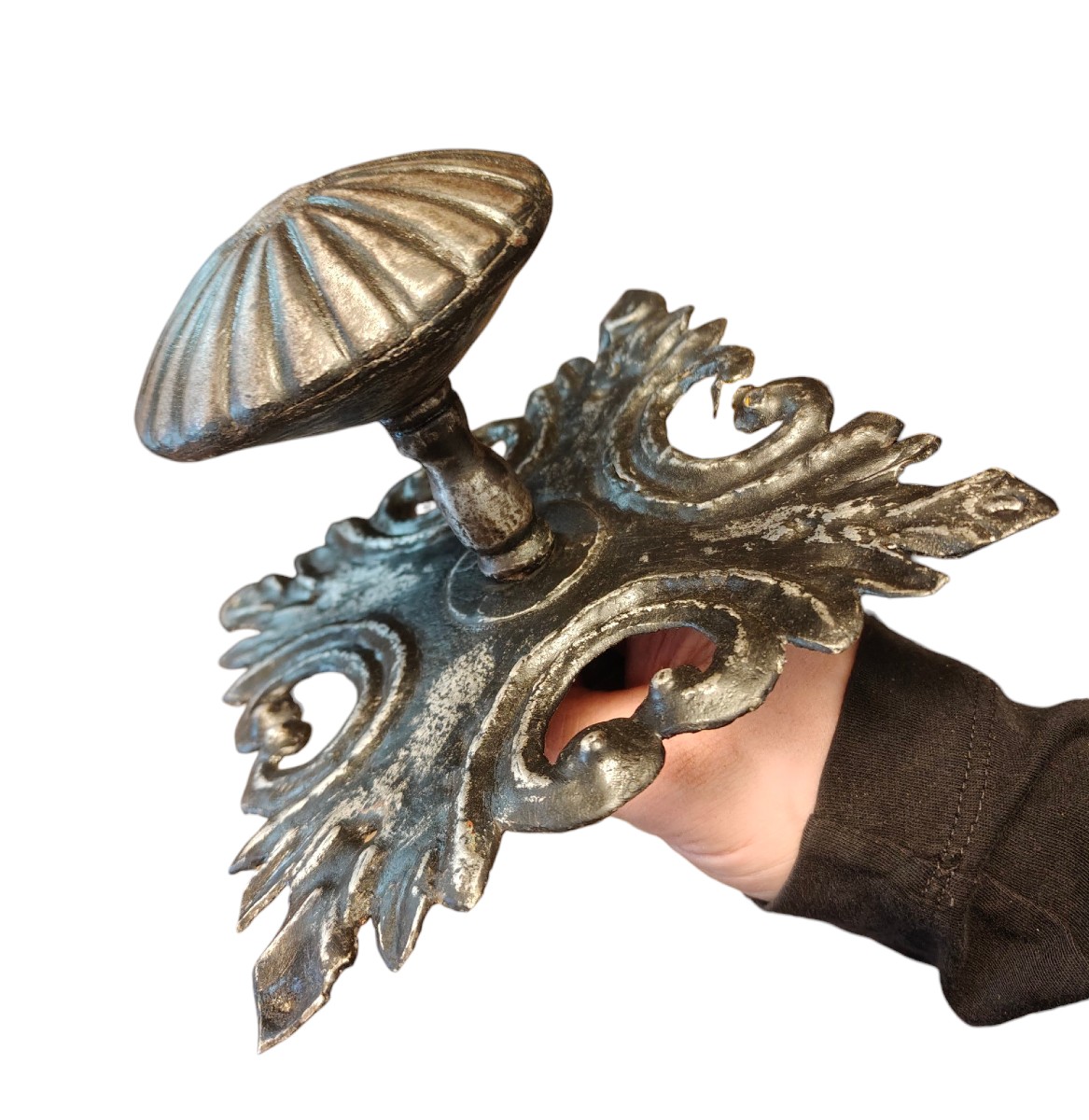 Grande pomolo in ferro forgiato con bella piastra in lamiera originale-photo-2