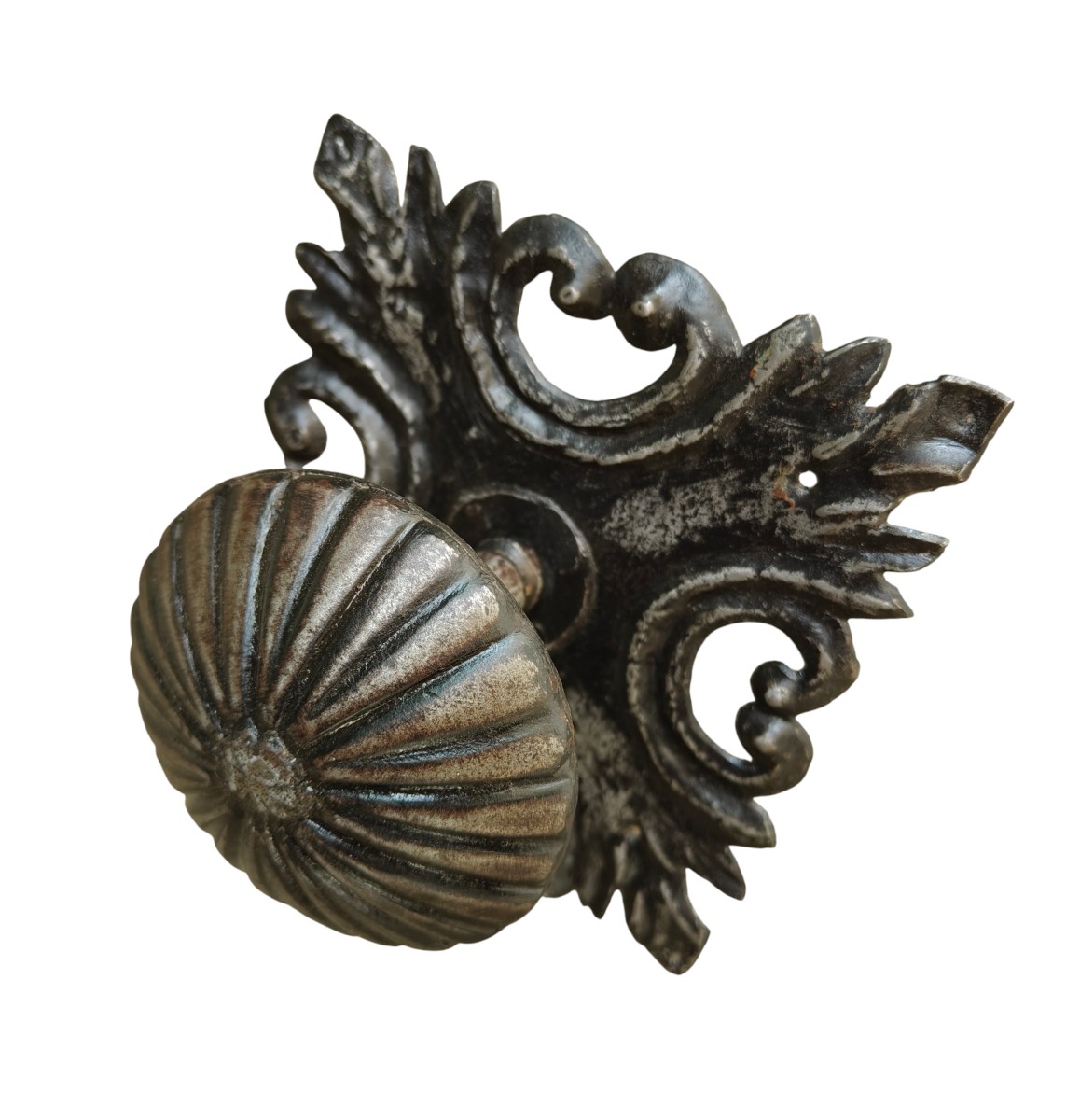 Grande pomolo in ferro forgiato con bella piastra in lamiera originale-photo-3