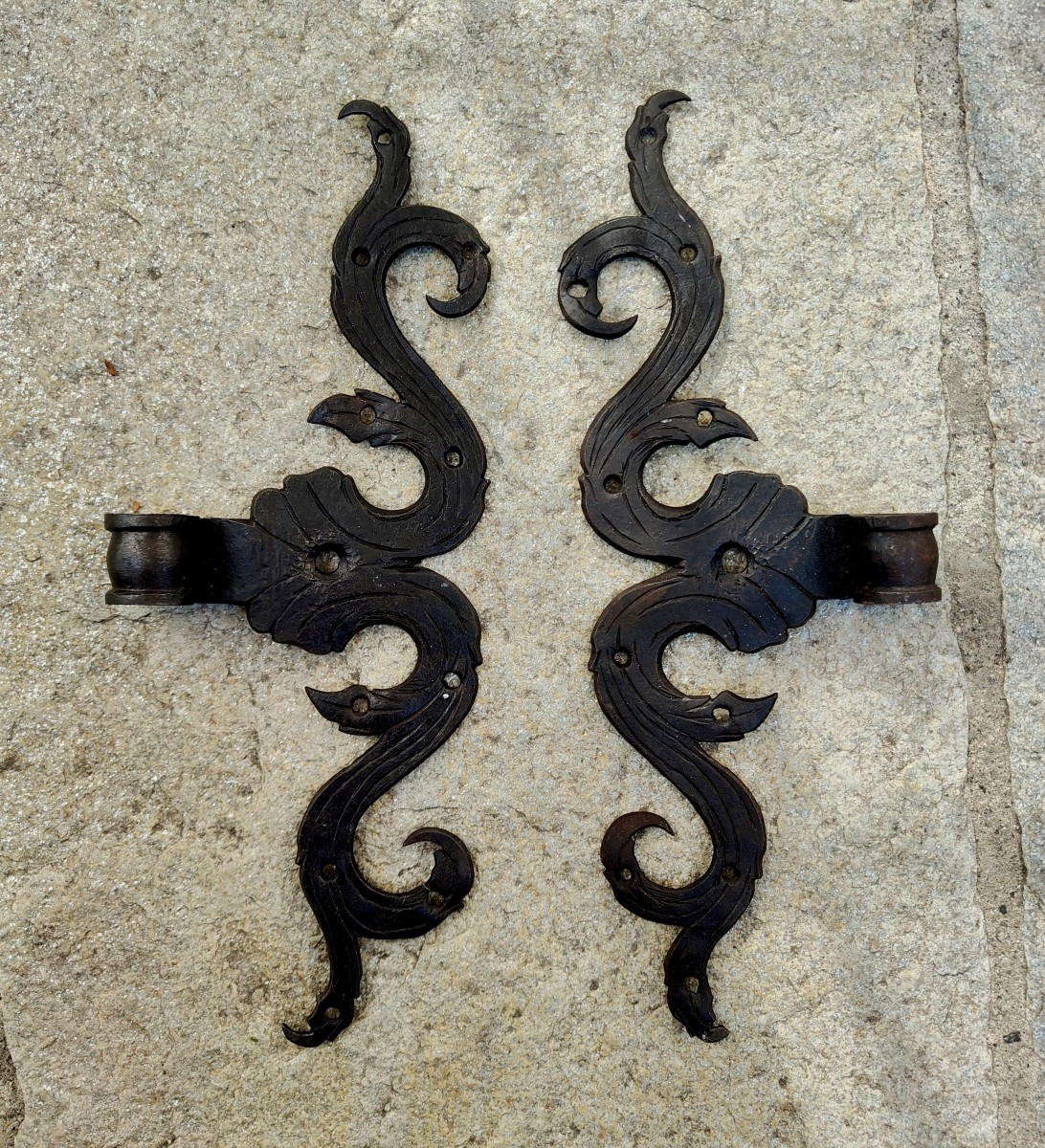 Coppi di cerniere in ferro forgiato ed inciso XVIII secolo -photo-4
