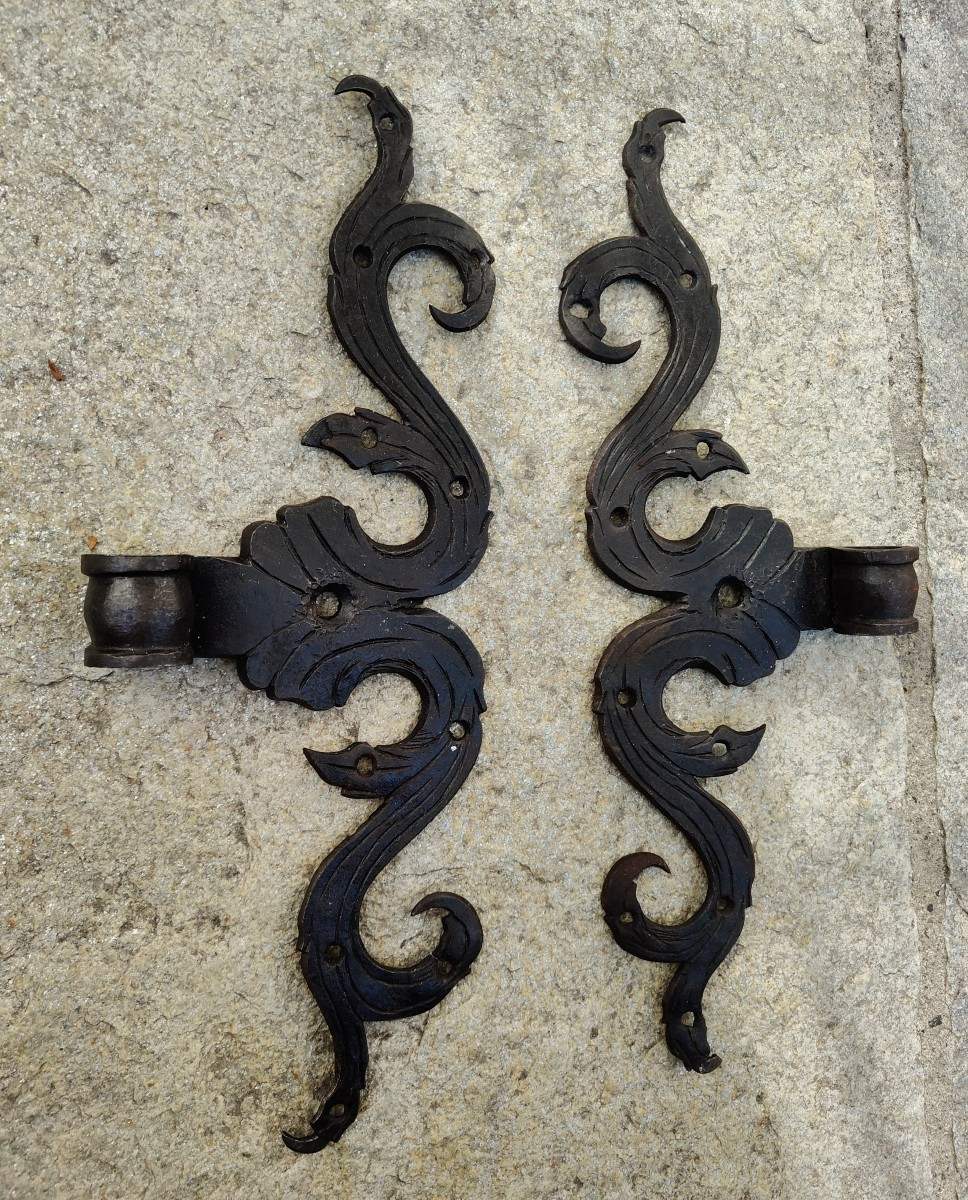 Coppi di cerniere in ferro forgiato ed inciso XVIII secolo -photo-4