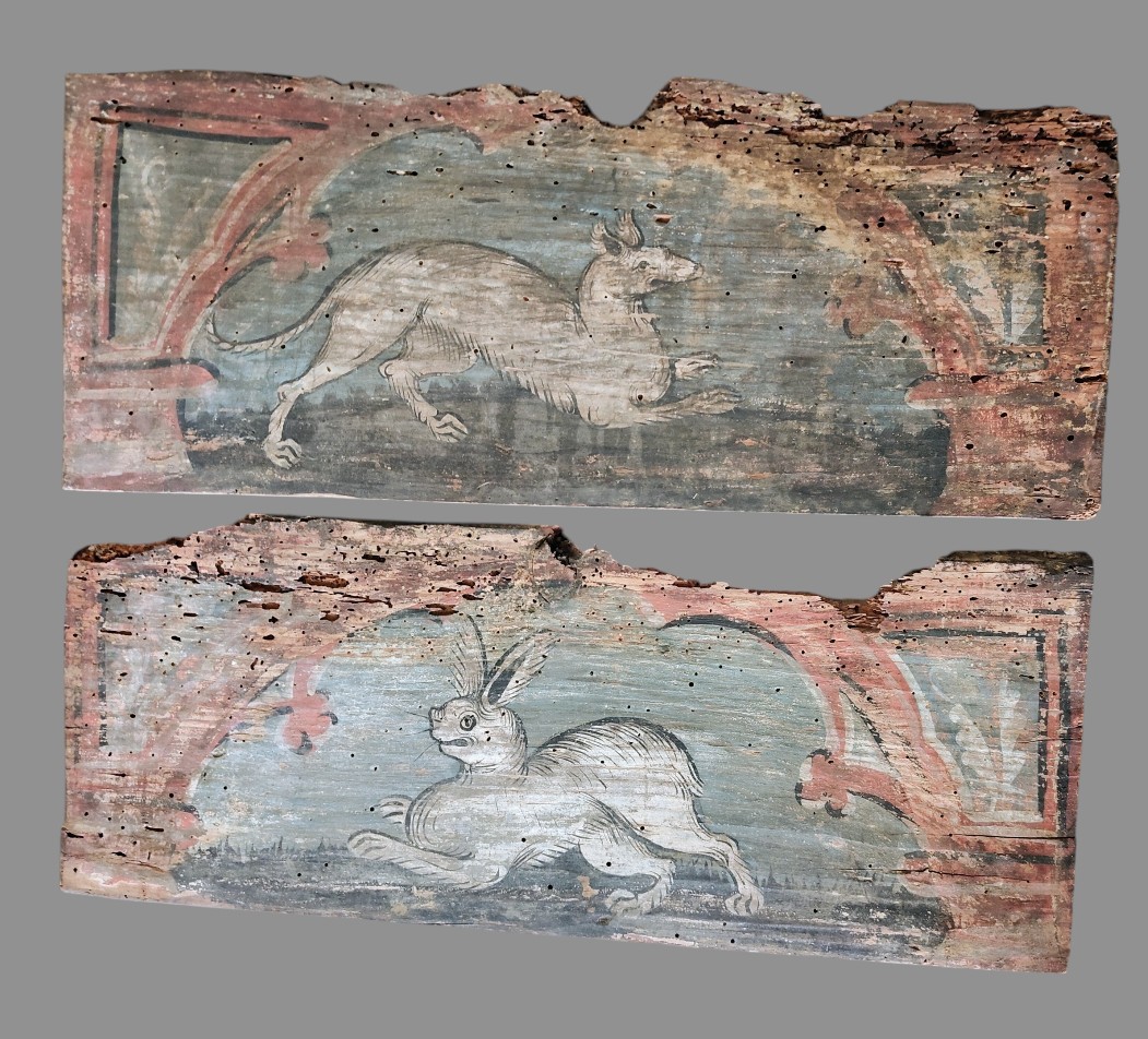 Coppia di pannelli dipinti da soffitto cremonese rinascimentale