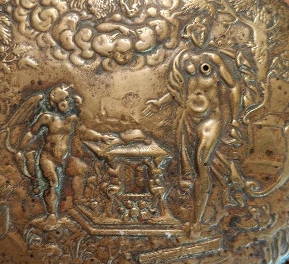 Placchetta ovale in ottone rappresentante Diana ed Amore sormontati da Zeus inizio XVII secolo-photo-4