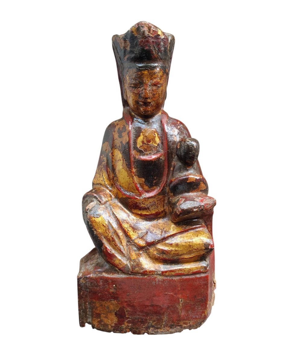Statuetta in legno policromo  rappresentante Songzi Guanyin XVIII secolo-photo-3