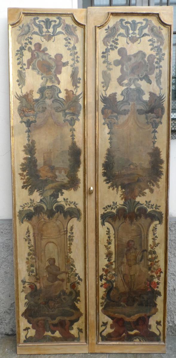 4 Portes Peintes Avec Paysages Et Figures, Italie XVIII Siècle
