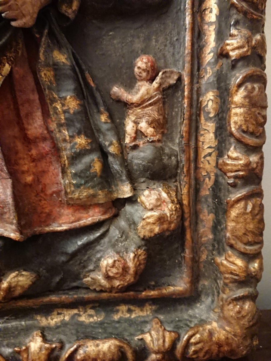 La Vierge Et l'Enfant En Gloire. Bas-relief En Papier Maché Et Bois Peint. Espagne XVIIe Siècle-photo-2