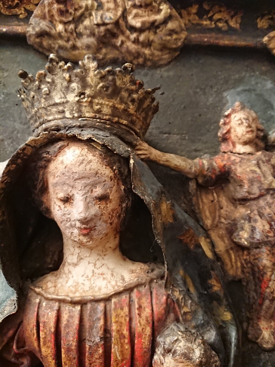La Vierge Et l'Enfant En Gloire. Bas-relief En Papier Maché Et Bois Peint. Espagne XVIIe Siècle-photo-3