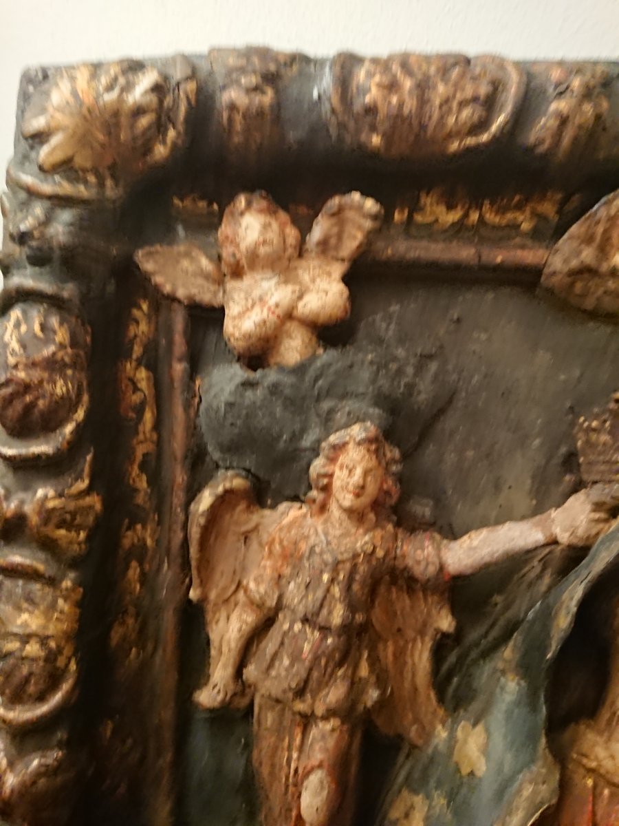 La Vierge Et l'Enfant En Gloire. Bas-relief En Papier Maché Et Bois Peint. Espagne XVIIe Siècle-photo-4