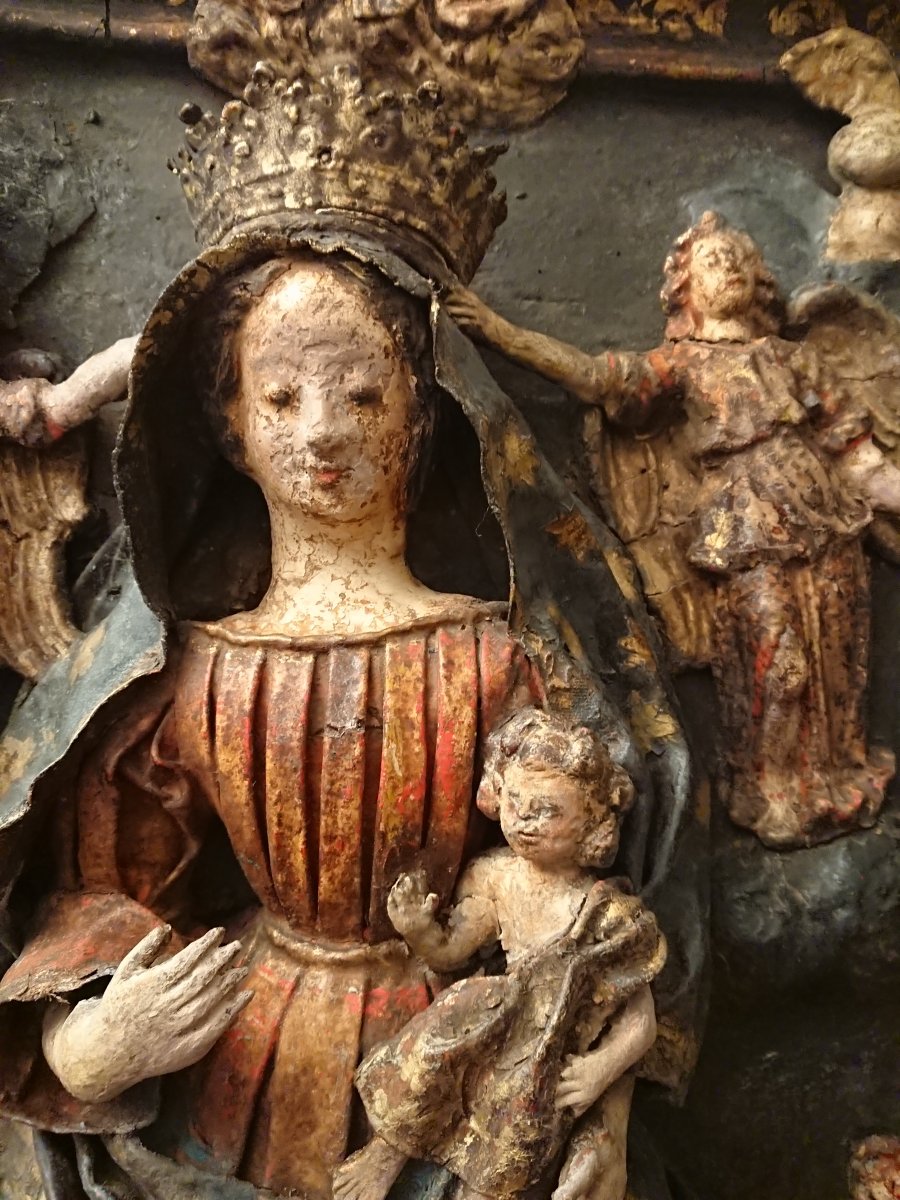 La Vierge Et l'Enfant En Gloire. Bas-relief En Papier Maché Et Bois Peint. Espagne XVIIe Siècle-photo-3