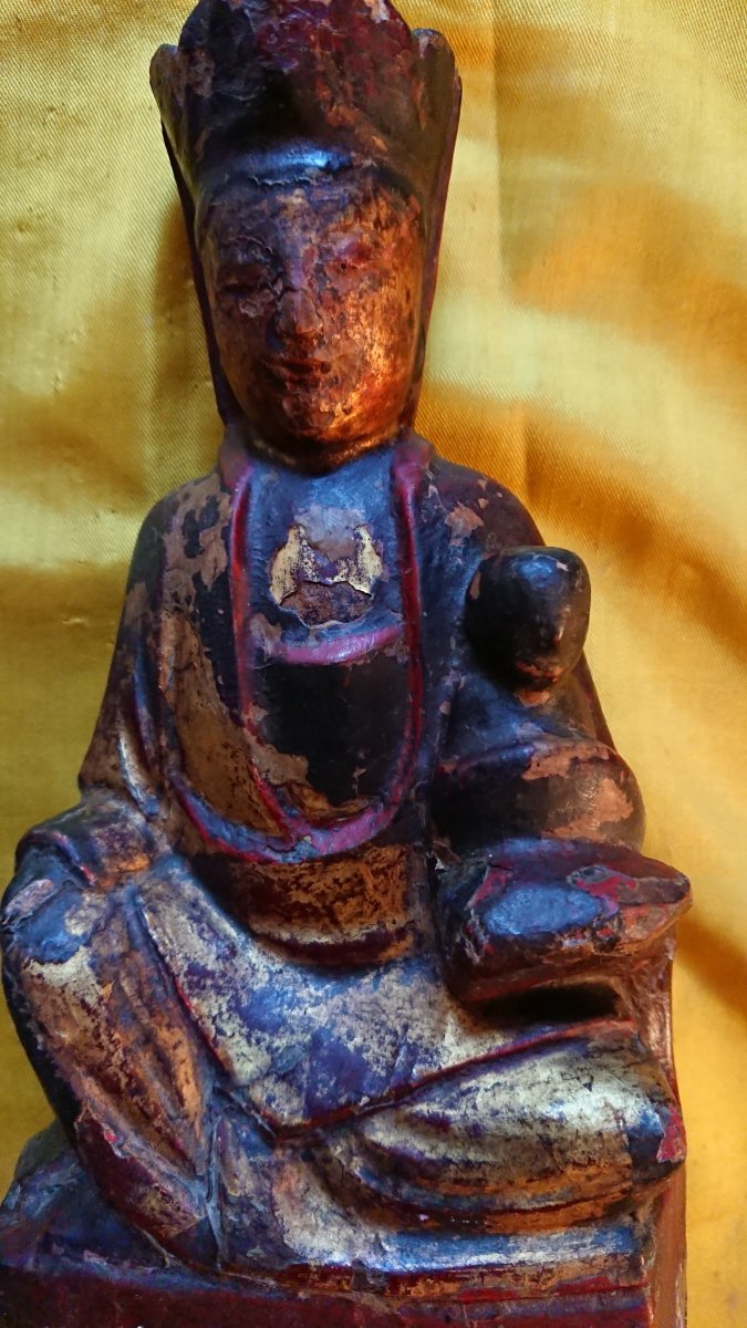 Bodhisattva En Bois Polychrome Dorée XVIIIe Siècle-photo-4