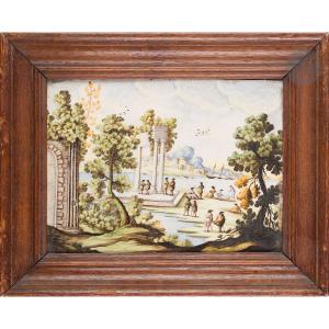 Placca Castelli rappresentante un paesaggio con personaggi XVIII secolo