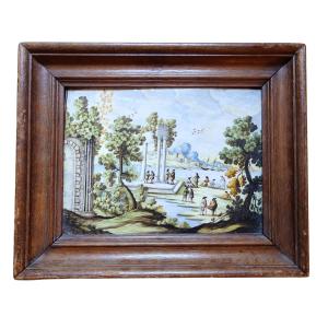 Placca Castelli rappresentante un paesaggio con personaggi XVIII secolo