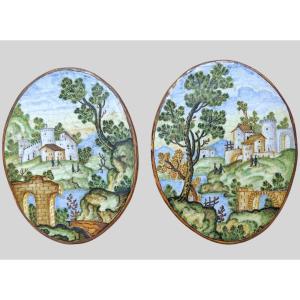 Coppia di mattonelle ovali Castelli inizio XIX secolo 