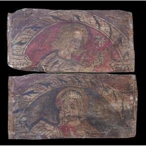 Coppia di predelle in legno dipinte a tempera raffiguranti l'Annunciazione