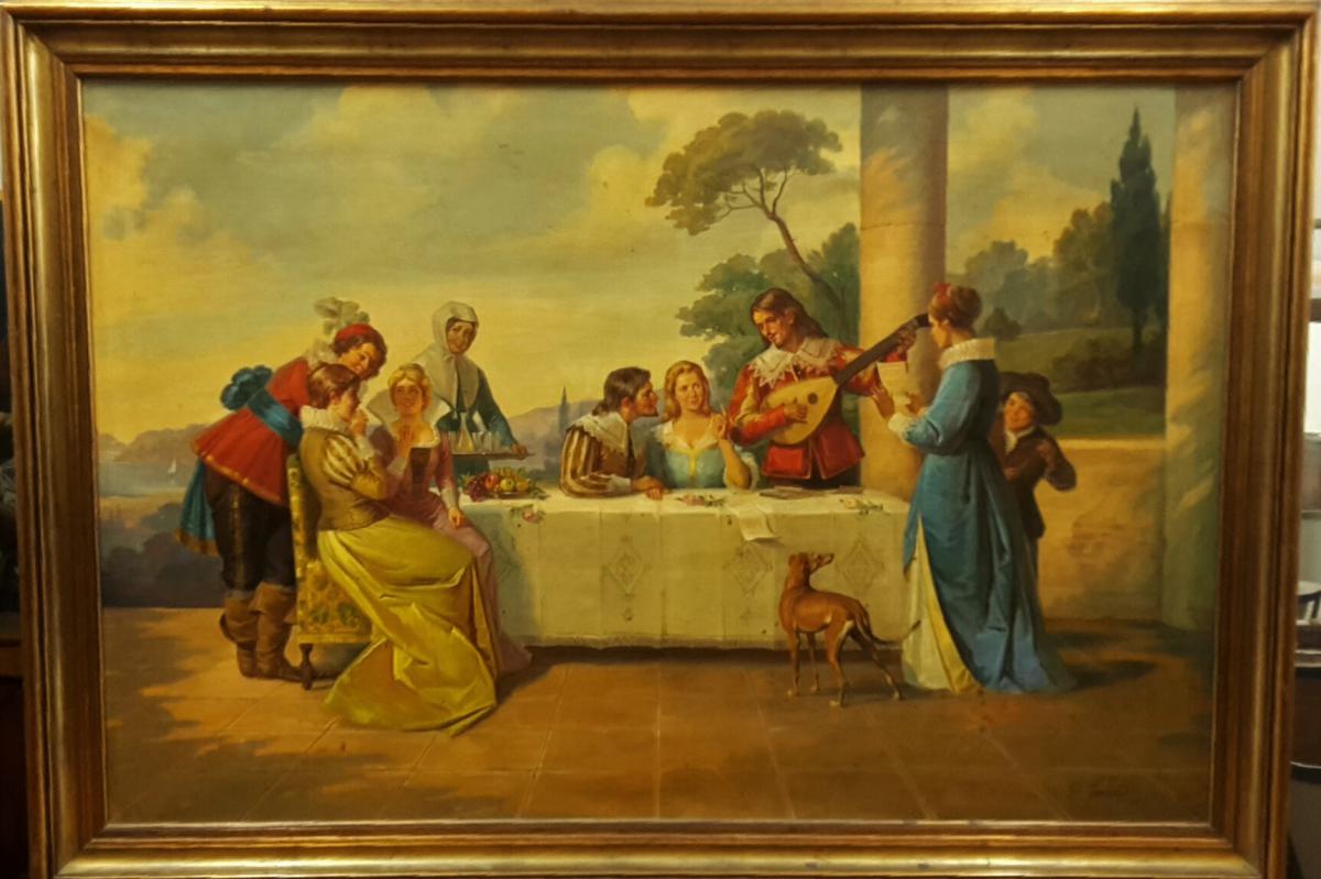  Peinture italienne d'une scène galante seconde moitié du XXe siècle , signé