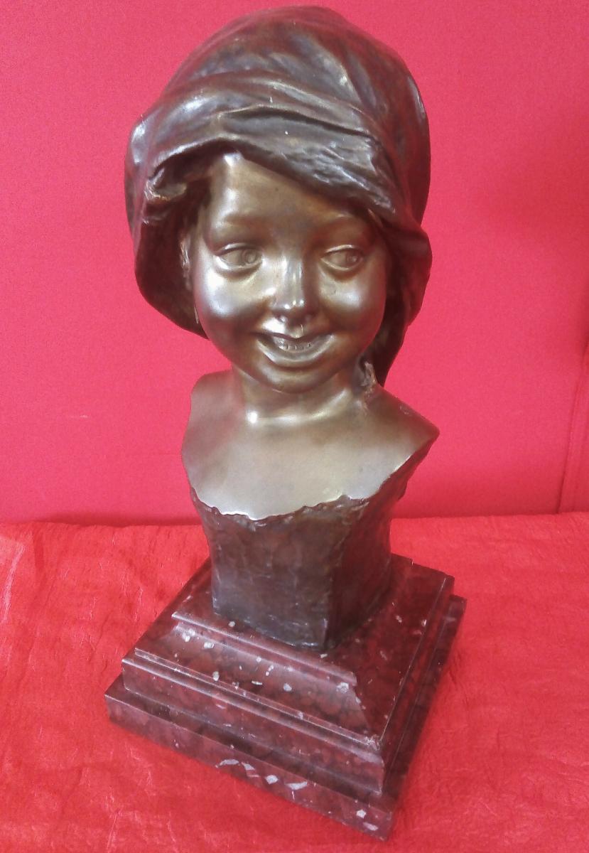 Visage De Jeune Fille Souriante Bronze Signé-photo-2