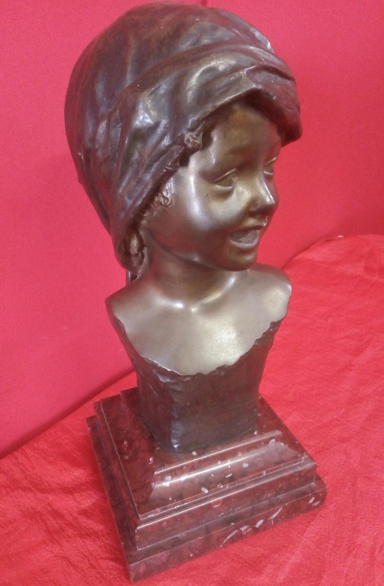 Visage De Jeune Fille Souriante Bronze Signé-photo-3