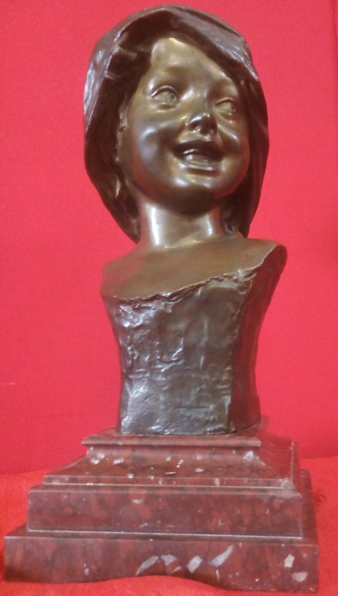 Visage De Jeune Fille Souriante Bronze Signé-photo-5