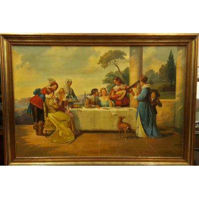 Peinture italienne d'une scène galante seconde moitié du XXe siècle , signé