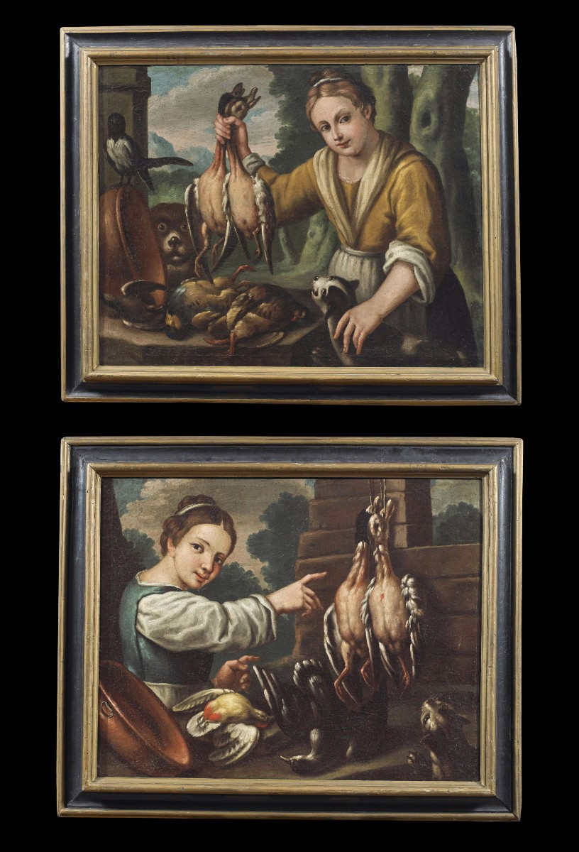 Coppia di Nature Morte con Animali e Personaggi '600