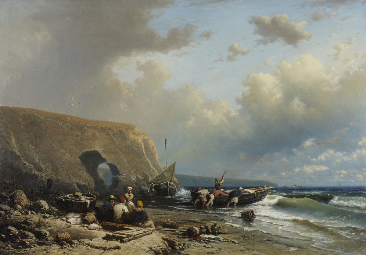 Paesaggio Marino con Pescatori '800