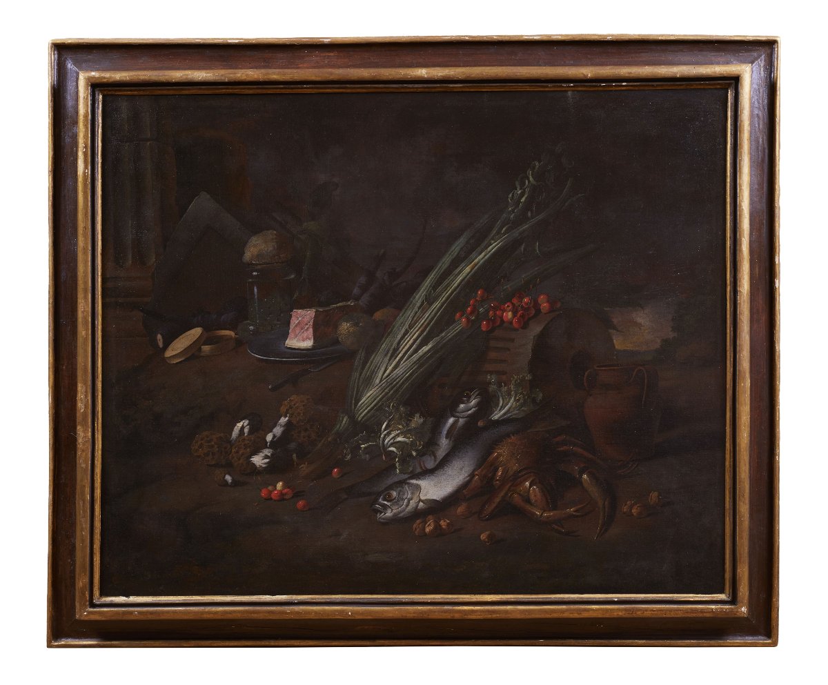 Natura Morta con Frutta, verdure, pesci, crostacei e prosciutto '600-photo-2