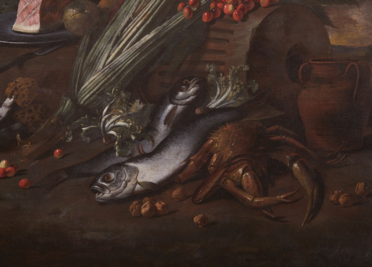 Natura Morta con Frutta, verdure, pesci, crostacei e prosciutto '600-photo-4