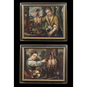 Coppia di Nature Morte con Animali e Personaggi '600