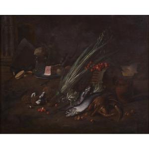 Natura Morta con Frutta, verdure, pesci, crostacei e prosciutto '600