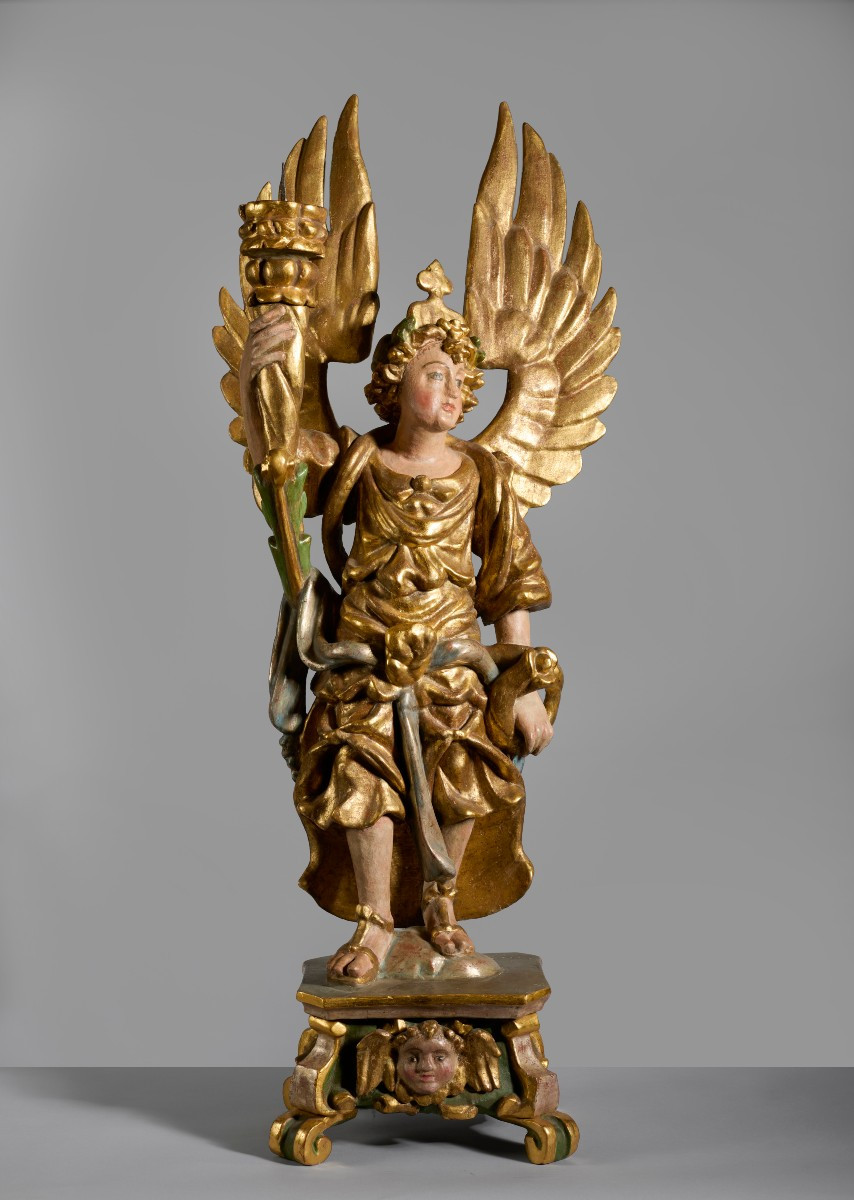 Coppia di Angeli portacero sculture in legno dorato e policromo-photo-4