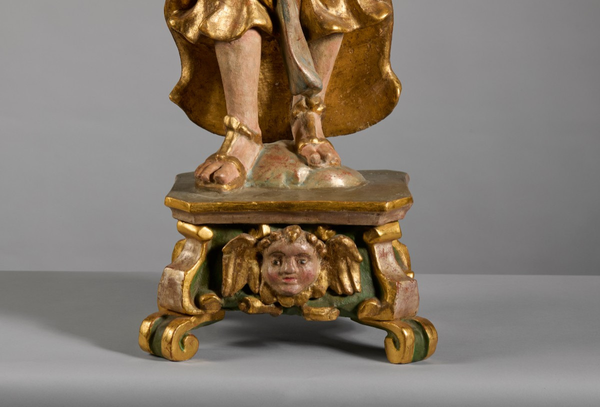 Coppia di Angeli portacero sculture in legno dorato e policromo-photo-2