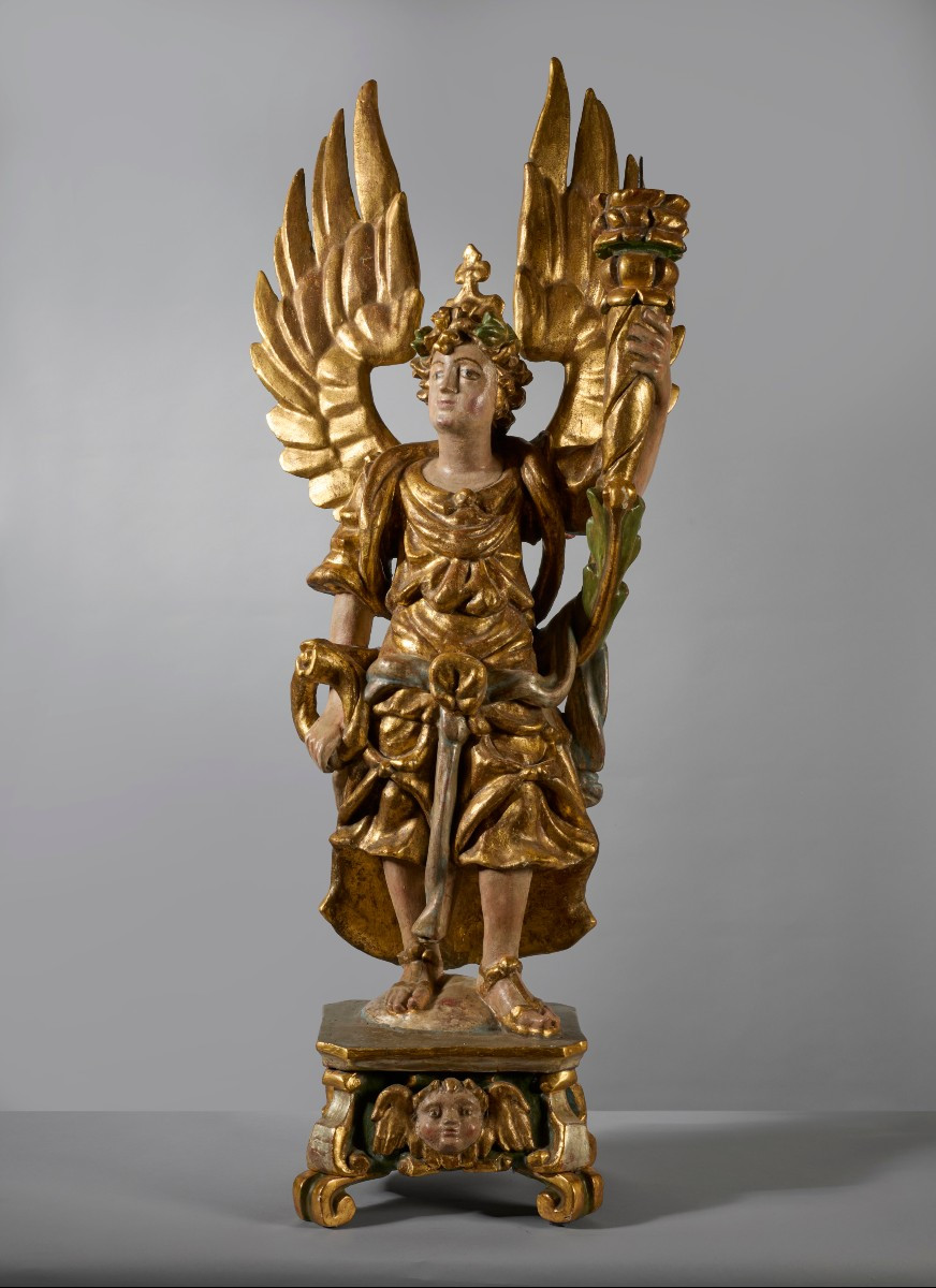 Coppia di Angeli portacero sculture in legno dorato e policromo-photo-3