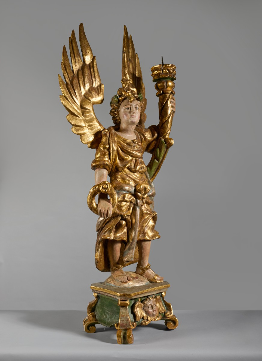 Coppia di Angeli portacero sculture in legno dorato e policromo-photo-4