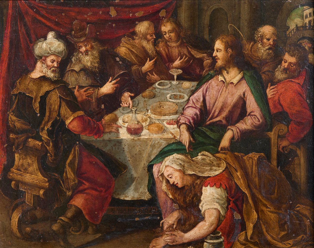 “La cena da Simone il fariseo” dipinto a olio su rame veneto fiammingo-photo-2