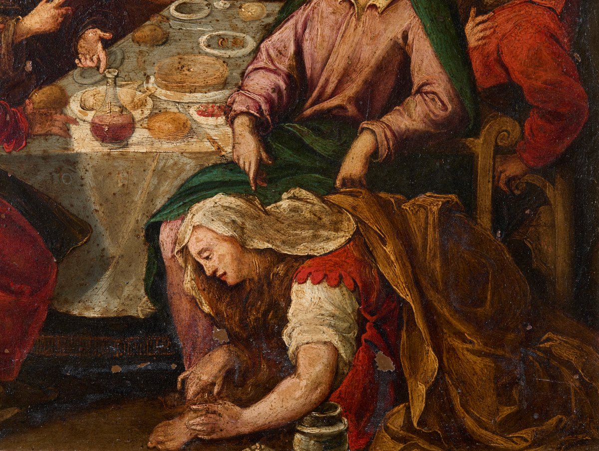 “La cena da Simone il fariseo” dipinto a olio su rame veneto fiammingo-photo-2