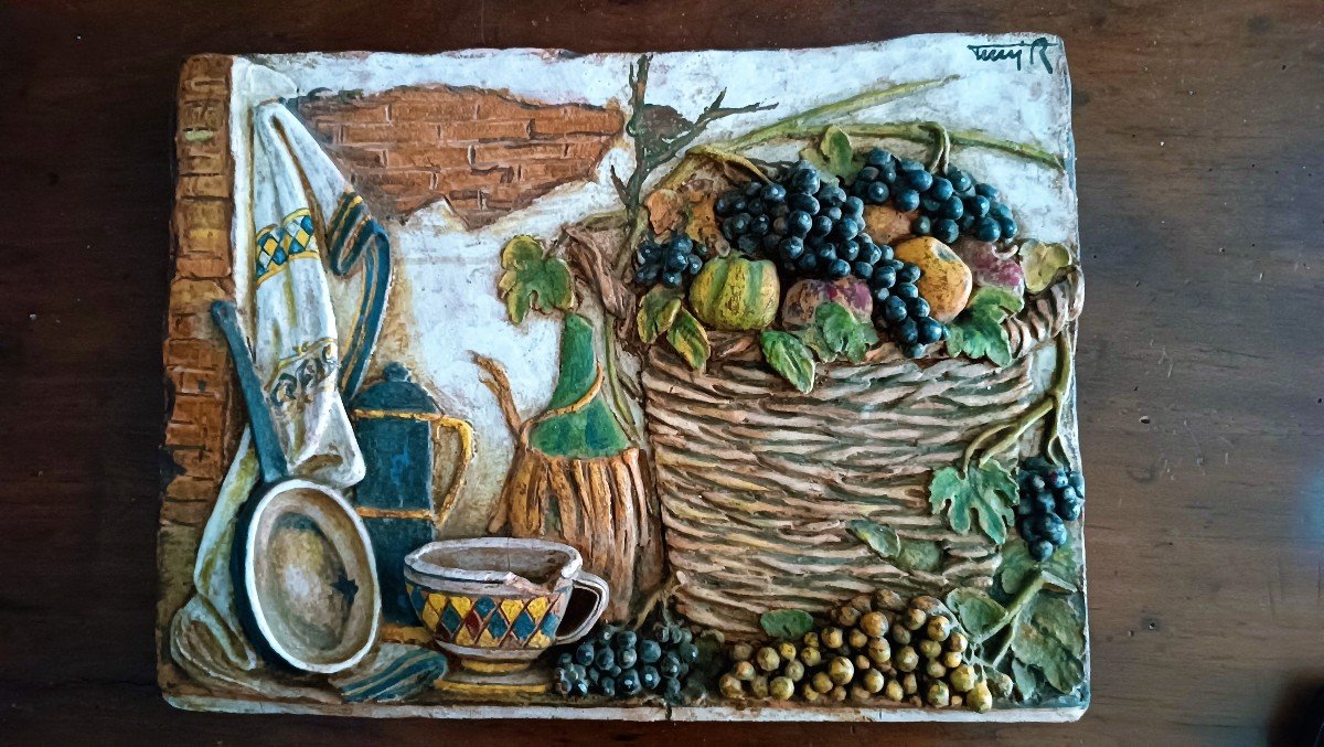 Grande formella terracotta uva vino toscana anni 50 firmata--photo-2
