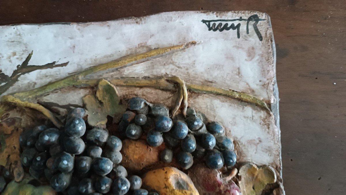 Grande formella terracotta uva vino toscana anni 50 firmata--photo-4