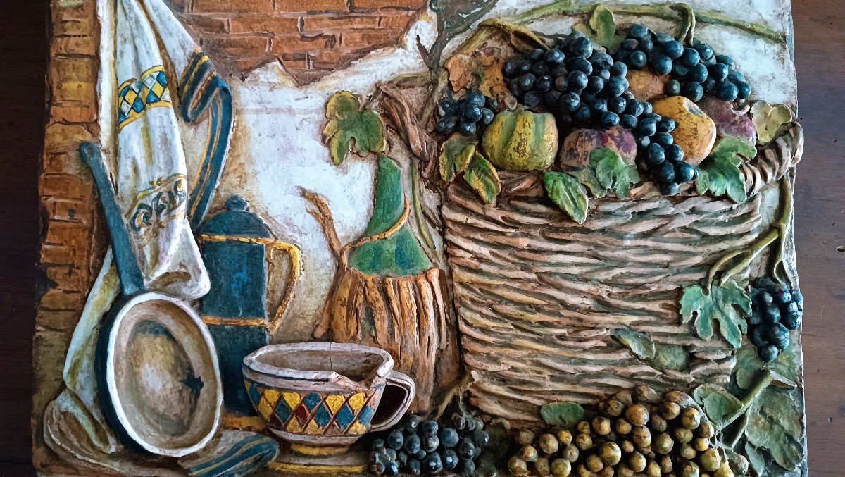 Grande formella terracotta uva vino toscana anni 50 firmata--photo-3