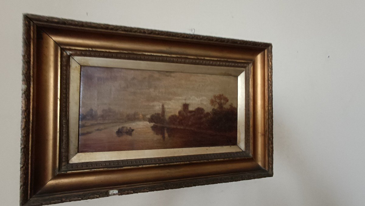 Dipinto olio su tela paesaggio fluviale primi 900,scuola francese-photo-2
