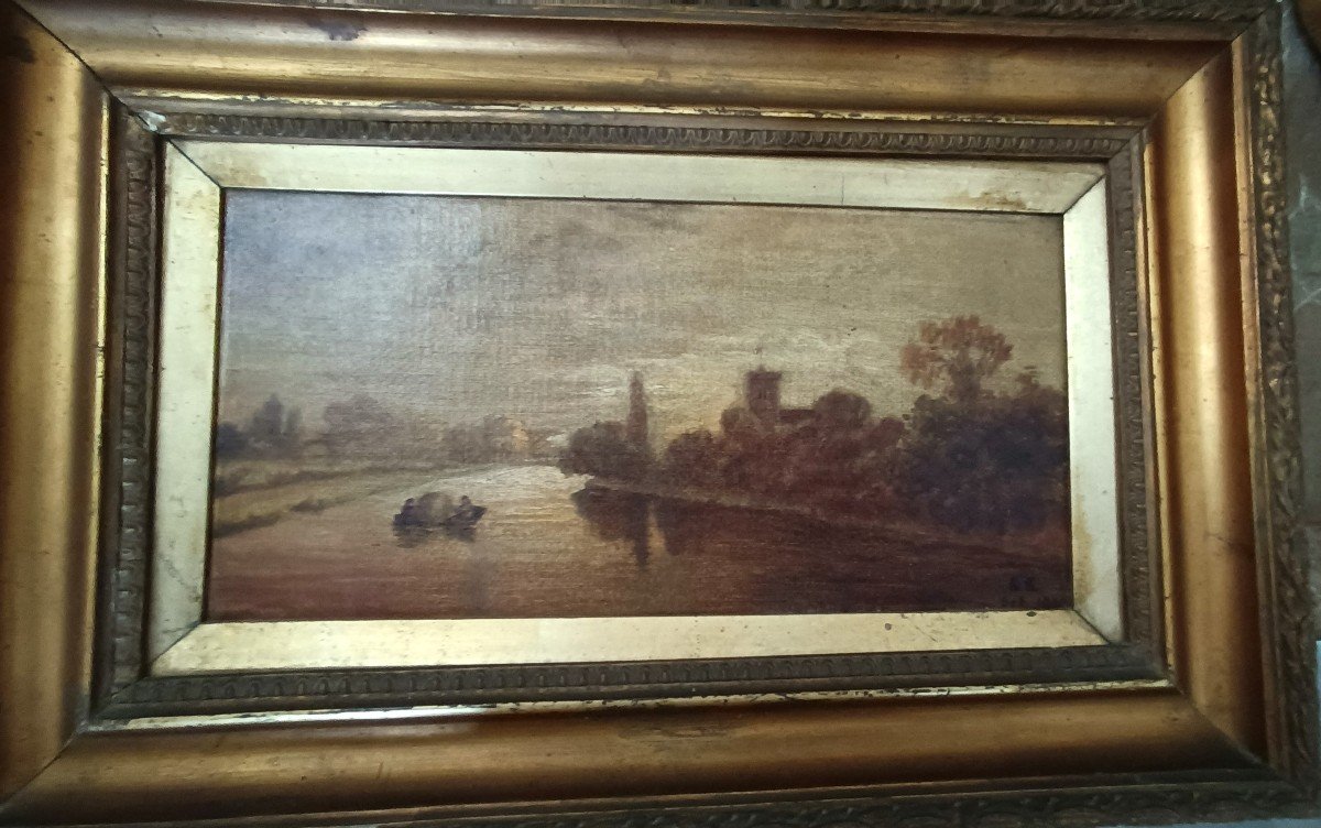 Dipinto olio su tela paesaggio fluviale primi 900,scuola francese-photo-3