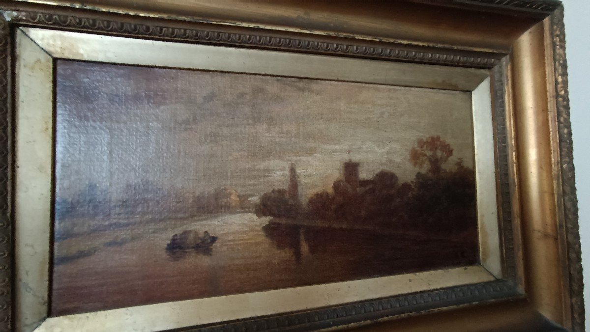 Dipinto olio su tela paesaggio fluviale primi 900,scuola francese-photo-1