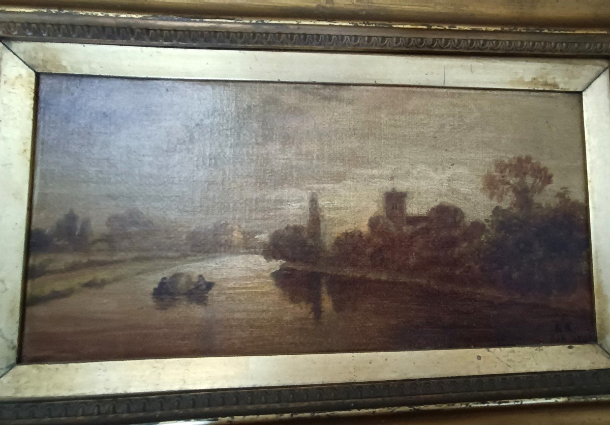 Dipinto olio su tela paesaggio fluviale primi 900,scuola francese-photo-2