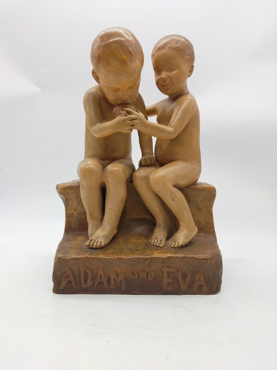 Friedrich Goldscheider, Adamo ed Eva, ceramica colorata, firmato Jaray-photo-2